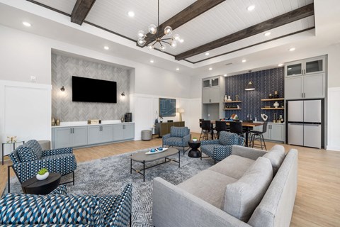 a living room with couches and chairs and a television